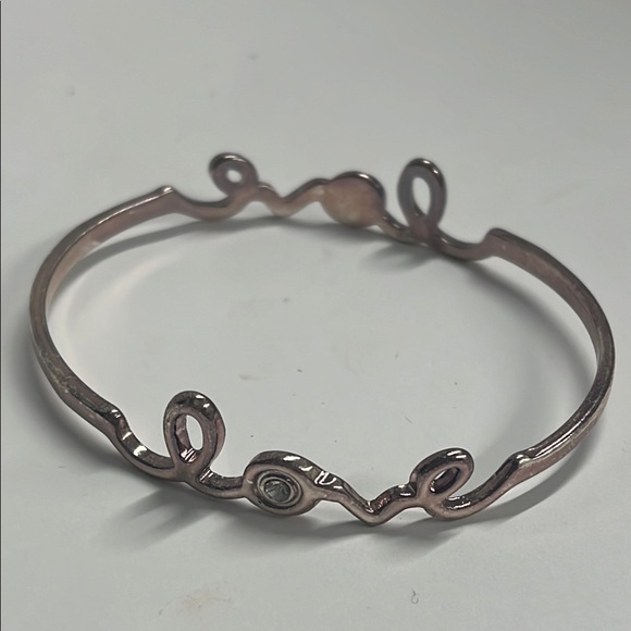 Copper Silvertone Overlay Distressed Love Bangle Bracelet w/Two Cubic Zirconia - Picture 1 of 6